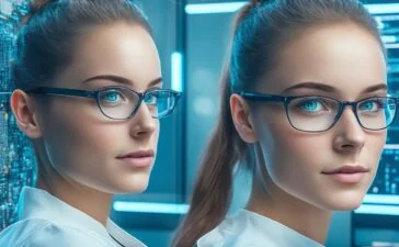 Ein helles, natürlich beleuchtetes Redaktionsbüro zeigt eine nachdenkliche junge Frau vor moderner Computertechnik, umgeben von Notizen und Bildschirmen, die visuell die digitale Debatte um KI-Bias und die feine Balance zwischen menschlicher Kreativität und maschineller Einflussnahme widerspiegelt – warm und einladend im freundlichen Tageslicht.