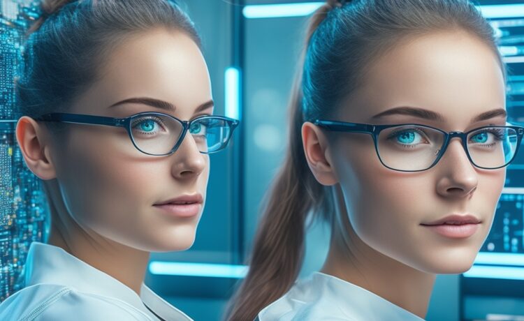 Ein helles, natürlich beleuchtetes Redaktionsbüro zeigt eine nachdenkliche junge Frau vor moderner Computertechnik, umgeben von Notizen und Bildschirmen, die visuell die digitale Debatte um KI-Bias und die feine Balance zwischen menschlicher Kreativität und maschineller Einflussnahme widerspiegelt – warm und einladend im freundlichen Tageslicht.