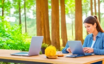 Eine helle, einladende Szene in modernem Ambiente: Eine junge Frau sitzt entspannt mit ihrem Smartphone in der Hand an einem sonnendurchfluteten Holztisch, während im Hintergrund dezente Banking-App-Symbole auf einem Laptop-Bildschirm schimmern – das warmes Tageslicht hebt den freundlichen Austausch und die sorglose Neugier beim Einstieg in die Welt von Bitcoin über die Bank-App hervor.