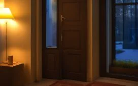 In einem hell erleuchteten Wohnzimmer öffnet eine freundliche junge Frau mit neugierigem Lächeln vorsichtig ein unerwartetes Amazon-Paket, während sanftes Tageslicht durch das Fenster fällt und warme Holztöne den Raum durchfluten, wodurch eine einladende Atmosphäre von Überraschung und vorsichtigem Vertrauen entsteht.