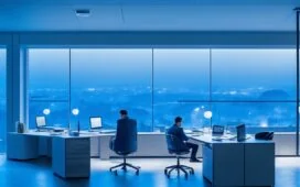 In einem modernen, hell erleuchteten Büro sitzt ein IT-Experte entspannt vor mehreren Bildschirmen, die dynamische Systemanalysen zeigen, während warmes Tageslicht durch große Fenster fällt und eine Atmosphäre von Fortschritt, Innovation und nachhaltiger Technik vermittelt.