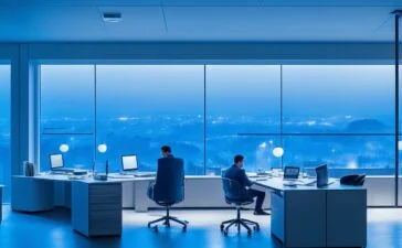 In einem modernen, hell erleuchteten Büro sitzt ein IT-Experte entspannt vor mehreren Bildschirmen, die dynamische Systemanalysen zeigen, während warmes Tageslicht durch große Fenster fällt und eine Atmosphäre von Fortschritt, Innovation und nachhaltiger Technik vermittelt.