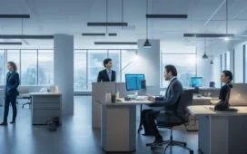 Ein lebendig gestaltetes, natürlich warm ausgeleuchtetes Büro mit einem entspannten jungen Anleger, der konzentriert auf seinen Bildschirm schaut, während moderne Finanzgrafiken im Hintergrund dezent zu erkennen sind und die aufstrebende Rolle von KI im Investmentbereich symbolisieren.