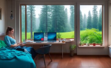 Eine helle, einladende Szene in einem gemütlichen Wohnraum, in der eine nachdenkliche Frau mit sanftem Lächeln an ihrem Laptop sitzt, während warmes Tageslicht sanft durch ein Fenster fällt und eine Atmosphäre von Vertrauen und digitaler Verbundenheit schafft.