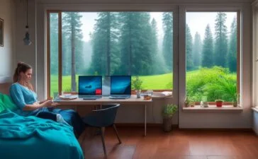 Eine helle, einladende Szene in einem gemütlichen Wohnraum, in der eine nachdenkliche Frau mit sanftem Lächeln an ihrem Laptop sitzt, während warmes Tageslicht sanft durch ein Fenster fällt und eine Atmosphäre von Vertrauen und digitaler Verbundenheit schafft.