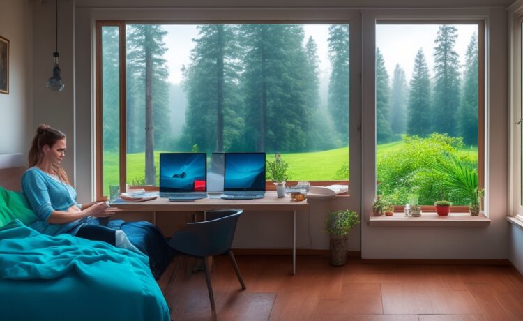 Eine helle, einladende Szene in einem gemütlichen Wohnraum, in der eine nachdenkliche Frau mit sanftem Lächeln an ihrem Laptop sitzt, während warmes Tageslicht sanft durch ein Fenster fällt und eine Atmosphäre von Vertrauen und digitaler Verbundenheit schafft.