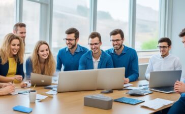 Ein warmes, sonnendurchflutetes Büro mit einem fokussierten, vielfältigen Team aus jungen Erwachsenen und älteren Menschen, die gemeinsam an Laptops arbeiten und sich mit freundlichen Gesten über innovative KI-Technologien austauschen – ein lebendiges Sinnbild für digitale Teilhabe und zukunftsweisende Zusammenarbeit in Großbritannien.