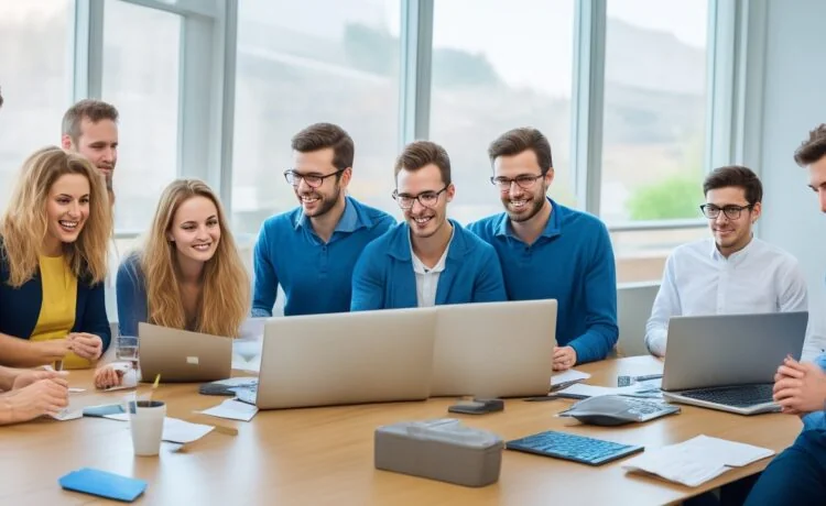 Ein warmes, sonnendurchflutetes Büro mit einem fokussierten, vielfältigen Team aus jungen Erwachsenen und älteren Menschen, die gemeinsam an Laptops arbeiten und sich mit freundlichen Gesten über innovative KI-Technologien austauschen – ein lebendiges Sinnbild für digitale Teilhabe und zukunftsweisende Zusammenarbeit in Großbritannien.