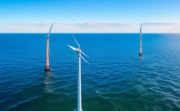 Strahlend weiße Offshore-Windturbinen mit gigantischen Rotorblättern drehen sich majestätisch im sanften Morgenlicht über dem glitzernden Ostchinesischen Meer vor der Küste Fujians – ein Symbol für technologische Innovation und nachhaltige Energiezukunft in harmonischer Verbindung von Mensch und Natur.