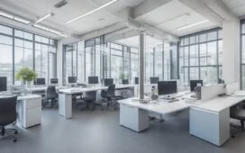 Ein sonnendurchflutetes, modern eingerichtetes Büro mit motivierten IT-Experten verschiedener Altersgruppen, die konzentriert an Laptops und großen Bildschirmen arbeiten, während durch große Fenster warmes Tageslicht fällt und eine Atmosphäre von Zusammenarbeit, Innovation und Zuversicht vermittelt wird.