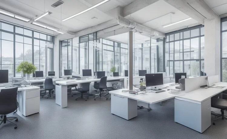 Ein sonnendurchflutetes, modern eingerichtetes Büro mit motivierten IT-Experten verschiedener Altersgruppen, die konzentriert an Laptops und großen Bildschirmen arbeiten, während durch große Fenster warmes Tageslicht fällt und eine Atmosphäre von Zusammenarbeit, Innovation und Zuversicht vermittelt wird.
