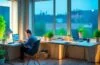 Ein helles, einfühlsam inszeniertes Büroambiente bei Tageslicht, in dem eine nachdenkliche Person vor einem modernen Laptop zwischen technischen Geräten und Pflanzen sitzt, während warme Sonnenstrahlen sanft durch das Fenster fallen und die subtile Spannung zwischen digitaler Cloud und lokalem Datenschutz spürbar machen.