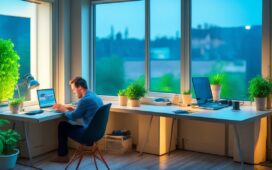 Ein helles, einfühlsam inszeniertes Büroambiente bei Tageslicht, in dem eine nachdenkliche Person vor einem modernen Laptop zwischen technischen Geräten und Pflanzen sitzt, während warme Sonnenstrahlen sanft durch das Fenster fallen und die subtile Spannung zwischen digitaler Cloud und lokalem Datenschutz spürbar machen.