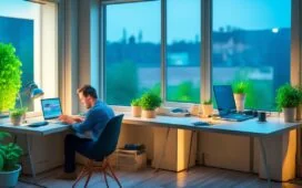Ein helles, einfühlsam inszeniertes Büroambiente bei Tageslicht, in dem eine nachdenkliche Person vor einem modernen Laptop zwischen technischen Geräten und Pflanzen sitzt, während warme Sonnenstrahlen sanft durch das Fenster fallen und die subtile Spannung zwischen digitaler Cloud und lokalem Datenschutz spürbar machen.