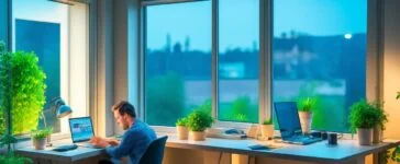 Ein helles, einfühlsam inszeniertes Büroambiente bei Tageslicht, in dem eine nachdenkliche Person vor einem modernen Laptop zwischen technischen Geräten und Pflanzen sitzt, während warme Sonnenstrahlen sanft durch das Fenster fallen und die subtile Spannung zwischen digitaler Cloud und lokalem Datenschutz spürbar machen.