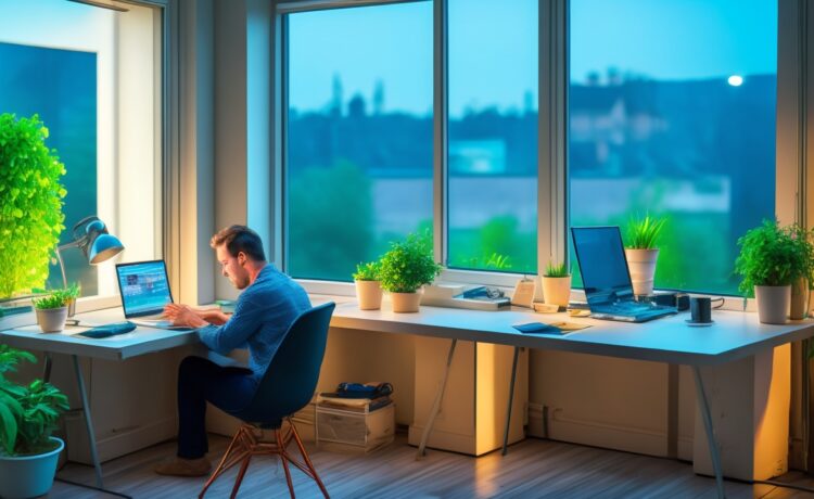 Ein helles, einfühlsam inszeniertes Büroambiente bei Tageslicht, in dem eine nachdenkliche Person vor einem modernen Laptop zwischen technischen Geräten und Pflanzen sitzt, während warme Sonnenstrahlen sanft durch das Fenster fallen und die subtile Spannung zwischen digitaler Cloud und lokalem Datenschutz spürbar machen.