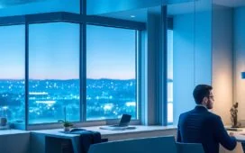 Ein freundlich beleuchteter moderner Arbeitsplatz mit zwei konzentrierten Menschen vor hellen Bildschirmen, die angeregt über digitale Sicherheit und Webtechnologie diskutieren, während warmes Tageslicht durch große Fenster fällt und eine Atmosphäre von Kooperation und Innovation schafft.
