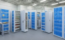 Ein helles, freundliches Büroambiente mit einem konzentrierten IT-Experten, der vor mehreren modernen Server-Racks in einem professionellen Rechenzentrum steht, umgeben von warmem Tageslicht, das die technische Präzision und strategische Bedeutung von Co-Location lebendig und einladend vermittelt.