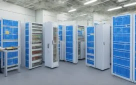 Ein helles, freundliches Büroambiente mit einem konzentrierten IT-Experten, der vor mehreren modernen Server-Racks in einem professionellen Rechenzentrum steht, umgeben von warmem Tageslicht, das die technische Präzision und strategische Bedeutung von Co-Location lebendig und einladend vermittelt.