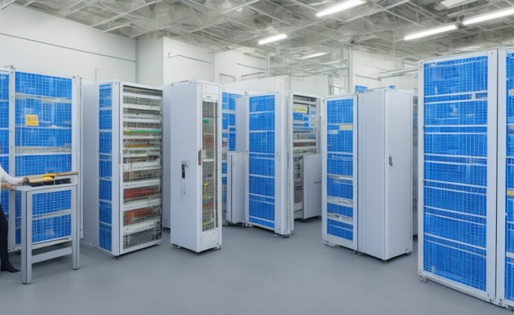Ein helles, freundliches Büroambiente mit einem konzentrierten IT-Experten, der vor mehreren modernen Server-Racks in einem professionellen Rechenzentrum steht, umgeben von warmem Tageslicht, das die technische Präzision und strategische Bedeutung von Co-Location lebendig und einladend vermittelt.