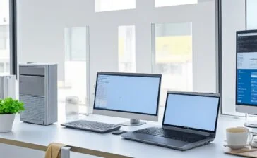 Eine sonnendurchflutete, moderne Büroatmosphäre mit einem fokussierten IT-Sicherheitsexperten, der konzentriert an einem Laptop sitzt und nervös dennoch entschlossen eine kritische Systemaktualisierung durchführt, um die hochbrisante Commvault-Sicherheitslücke zu schließen – dabei strahlt das warme, natürliche Licht Vertrauen und Handlungsbereitschaft aus.