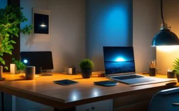 Ein warm beleuchteter, moderner Arbeitsplatz mit geöffnetem Laptop, auf dessen Bildschirm eine übersichtliche Webhosting-Oberfläche zu sehen ist, umgeben von entspannten IT-Profis in natürlichem Tageslicht, die konzentriert und freundlich an einer sicheren Serverumgebung arbeiten.