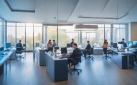 Ein lichtdurchflutetes, modernes Büro mit einem konzentrierten IT-Team, das mit freundlicher Mimik an Laptops und Bildschirmen arbeitet, während warme Sonnenstrahlen durch große Fenster fallen und so eine Atmosphäre von Zuversicht, Zusammenarbeit und digitaler Sicherheit schaffen.