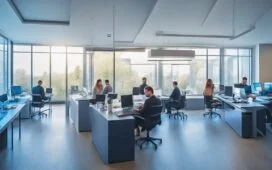 Ein lichtdurchflutetes, modernes Büro mit einem konzentrierten IT-Team, das mit freundlicher Mimik an Laptops und Bildschirmen arbeitet, während warme Sonnenstrahlen durch große Fenster fallen und so eine Atmosphäre von Zuversicht, Zusammenarbeit und digitaler Sicherheit schaffen.