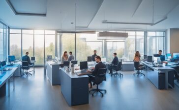 Ein lichtdurchflutetes, modernes Büro mit einem konzentrierten IT-Team, das mit freundlicher Mimik an Laptops und Bildschirmen arbeitet, während warme Sonnenstrahlen durch große Fenster fallen und so eine Atmosphäre von Zuversicht, Zusammenarbeit und digitaler Sicherheit schaffen.