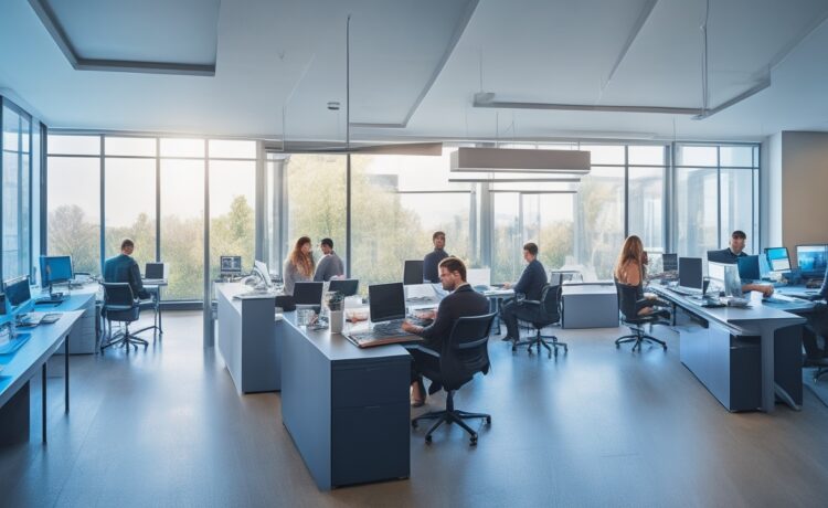 Ein lichtdurchflutetes, modernes Büro mit einem konzentrierten IT-Team, das mit freundlicher Mimik an Laptops und Bildschirmen arbeitet, während warme Sonnenstrahlen durch große Fenster fallen und so eine Atmosphäre von Zuversicht, Zusammenarbeit und digitaler Sicherheit schaffen.