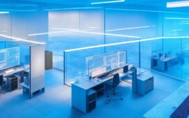 In einem modernen, lichtdurchfluteten Büro schauen vertraut wirkende IT-Experten verschiedener Herkunft konzentriert auf Bildschirme mit komplexen Sicherheitsdiagrammen, während warme Sonnenstrahlen durch große Fenster scheinen und eine Atmosphäre von Zuversicht und Zusammenarbeit schaffen.