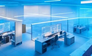 In einem modernen, lichtdurchfluteten Büro schauen vertraut wirkende IT-Experten verschiedener Herkunft konzentriert auf Bildschirme mit komplexen Sicherheitsdiagrammen, während warme Sonnenstrahlen durch große Fenster scheinen und eine Atmosphäre von Zuversicht und Zusammenarbeit schaffen.