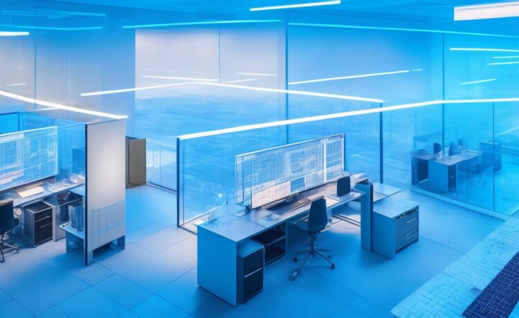 In einem modernen, lichtdurchfluteten Büro schauen vertraut wirkende IT-Experten verschiedener Herkunft konzentriert auf Bildschirme mit komplexen Sicherheitsdiagrammen, während warme Sonnenstrahlen durch große Fenster scheinen und eine Atmosphäre von Zuversicht und Zusammenarbeit schaffen.