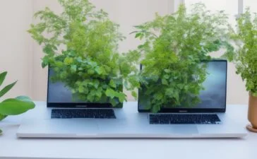 Ein sonnendurchfluteter, moderner Arbeitsplatz mit einem aufgeklappten Laptop, auf dem ein übersichtliches Sicherheitsprogramm zu sehen ist, umgeben von freundlichen Pflanzen und warmem Tageslicht, das eine positive und vertrauensvolle Stimmung für digitalen Schutz und Cyber-Sicherheit vermittelt.