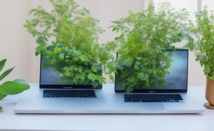 Ein sonnendurchfluteter, moderner Arbeitsplatz mit einem aufgeklappten Laptop, auf dem ein übersichtliches Sicherheitsprogramm zu sehen ist, umgeben von freundlichen Pflanzen und warmem Tageslicht, das eine positive und vertrauensvolle Stimmung für digitalen Schutz und Cyber-Sicherheit vermittelt.