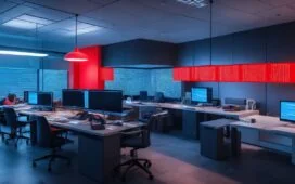 In einem hell erleuchteten, modernen Büro sitzt eine konzentrierte junge IT-Spezialistin vor mehreren Bildschirmen voller komplexer Codezeilen und Netzwerkdiagramme, umgeben von natürlichem Tageslicht und warmen Holztönen, die eine freundliche, aber fokussierte Atmosphäre der digitalen Aufklärung im Cyberkrieg vermitteln.