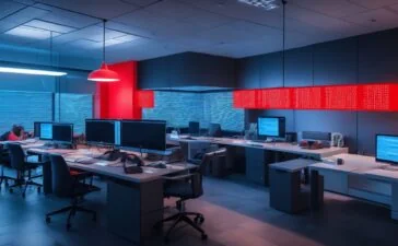 In einem hell erleuchteten, modernen Büro sitzt eine konzentrierte junge IT-Spezialistin vor mehreren Bildschirmen voller komplexer Codezeilen und Netzwerkdiagramme, umgeben von natürlichem Tageslicht und warmen Holztönen, die eine freundliche, aber fokussierte Atmosphäre der digitalen Aufklärung im Cyberkrieg vermitteln.