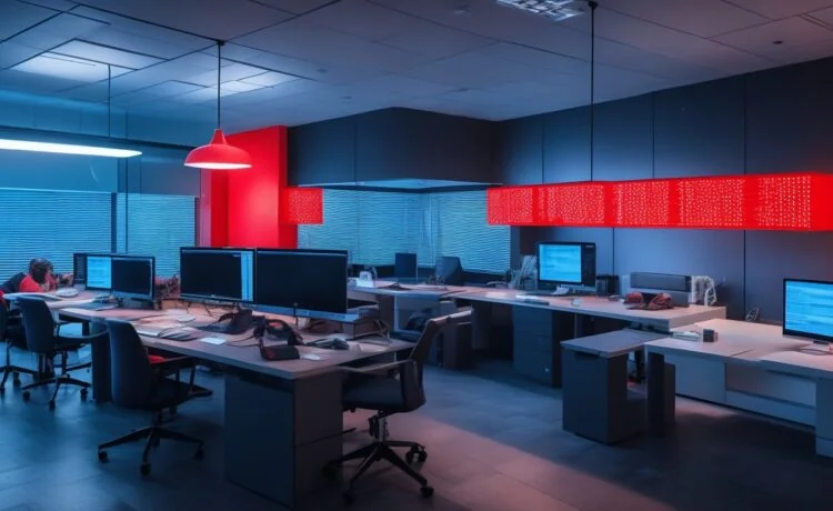 In einem hell erleuchteten, modernen Büro sitzt eine konzentrierte junge IT-Spezialistin vor mehreren Bildschirmen voller komplexer Codezeilen und Netzwerkdiagramme, umgeben von natürlichem Tageslicht und warmen Holztönen, die eine freundliche, aber fokussierte Atmosphäre der digitalen Aufklärung im Cyberkrieg vermitteln.