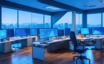 In einem modernen, hell erleuchteten Büro setzen sich diverse Fachleute in entspannter, konzentrierter Atmosphäre gemeinsam an einem großen Tisch mit Laptops und digitalen Charts auseinander, während warme Sonnenstrahlen durch hohe Fenster fallen und eine harmonische Verbindung von innovativer Technologie und vertrauensvoller Zusammenarbeit schaffen.