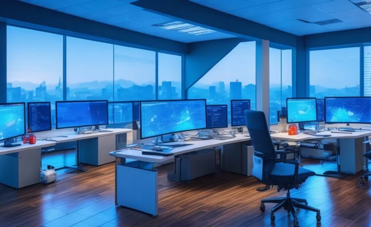 In einem modernen, hell erleuchteten Büro setzen sich diverse Fachleute in entspannter, konzentrierter Atmosphäre gemeinsam an einem großen Tisch mit Laptops und digitalen Charts auseinander, während warme Sonnenstrahlen durch hohe Fenster fallen und eine harmonische Verbindung von innovativer Technologie und vertrauensvoller Zusammenarbeit schaffen.