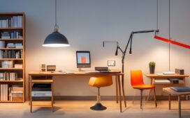 Ein warm beleuchtetes, modernes Arbeitszimmer mit einem lächelnden Menschen vor einem Laptop, umgeben von Notizbüchern, Smartphone und einem Tablet mit intuitiv sichtbaren Diagrammen, das die harmonische Verbindung von KI-Technologie und Alltagspraxis in einer lebendigen, freundlichen Atmosphäre einfängt.