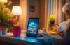 Ein warmes, natürlich beleuchtetes Porträt einer entspannten Person, die mit einem modernen Tablet im hellen Wohnzimmer in die Zukunft digitaler KI-gestützter Internetnutzung eintaucht, umgeben von subtilen Details wie Pflanzen, angenehmem Tageslicht und einem Hauch von moderner Technologie, die eine einladende Atmosphäre von Fortschritt und Wandel vermittelt.