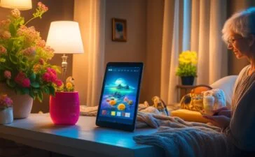 Ein warmes, natürlich beleuchtetes Porträt einer entspannten Person, die mit einem modernen Tablet im hellen Wohnzimmer in die Zukunft digitaler KI-gestützter Internetnutzung eintaucht, umgeben von subtilen Details wie Pflanzen, angenehmem Tageslicht und einem Hauch von moderner Technologie, die eine einladende Atmosphäre von Fortschritt und Wandel vermittelt.