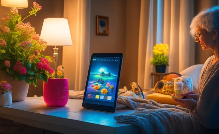 Ein warmes, natürlich beleuchtetes Porträt einer entspannten Person, die mit einem modernen Tablet im hellen Wohnzimmer in die Zukunft digitaler KI-gestützter Internetnutzung eintaucht, umgeben von subtilen Details wie Pflanzen, angenehmem Tageslicht und einem Hauch von moderner Technologie, die eine einladende Atmosphäre von Fortschritt und Wandel vermittelt.