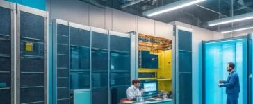 Ein warm beleuchtetes, realitätsnahes Porträt eines nachdenklichen Ingenieurs in einem modernen Labor voller leuchtender Serverracks und Computerbildschirme, das die stille Herausforderung und den Wendepunkt in der Zukunft der autonomen Fahrzeugtechnologien widerspiegelt.