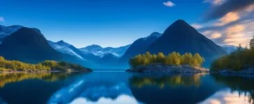 Ein strahlender Morgen in Norwegen zeigt ein modernes, beeindruckendes Rechenzentrum, umgeben von grünen Wäldern und klar blauen Himmel, dessen Glasfassaden das natürliche Licht warm reflektieren und so ein lebendiges Symbol für nachhaltige Technologie und Europas digitale Zukunft ausstrahlen.