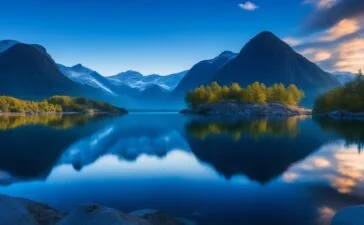 Ein strahlender Morgen in Norwegen zeigt ein modernes, beeindruckendes Rechenzentrum, umgeben von grünen Wäldern und klar blauen Himmel, dessen Glasfassaden das natürliche Licht warm reflektieren und so ein lebendiges Symbol für nachhaltige Technologie und Europas digitale Zukunft ausstrahlen.