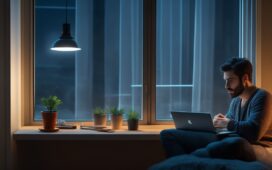 Ein warm ausgeleuchtetes, realistisches Porträt einer nachdenklichen jungen Frau vor einem modernen Wohnzimmerschreibtisch mit Laptop und Smartphone, sanftes Tageslicht durch ein Fenster strömt herein und symbolisiert vertrauensvolle Digitalisierung trotz geheimer Risiken.