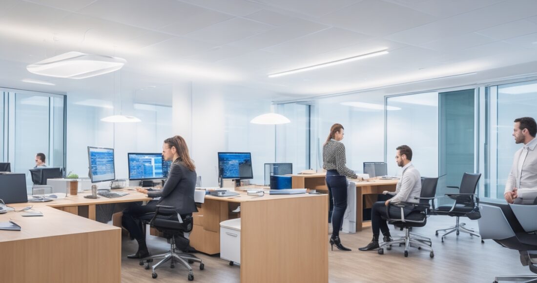 Helles, modernes Büro mit warmem Tageslicht, in dem ein selbstbewusst lächelnder Manager während eines Gespräches mit seinem Team strategisch auf digitale Finanzdaten auf einem Laptop blickt – ein Bild voller positiver Energie, das Aufbruchsstimmung und innovative Führung im Kontext eines bevorstehenden Börsengangs ausstrahlt.