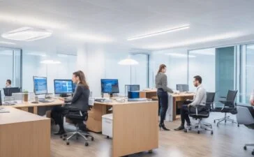 Helles, modernes Büro mit warmem Tageslicht, in dem ein selbstbewusst lächelnder Manager während eines Gespräches mit seinem Team strategisch auf digitale Finanzdaten auf einem Laptop blickt – ein Bild voller positiver Energie, das Aufbruchsstimmung und innovative Führung im Kontext eines bevorstehenden Börsengangs ausstrahlt.